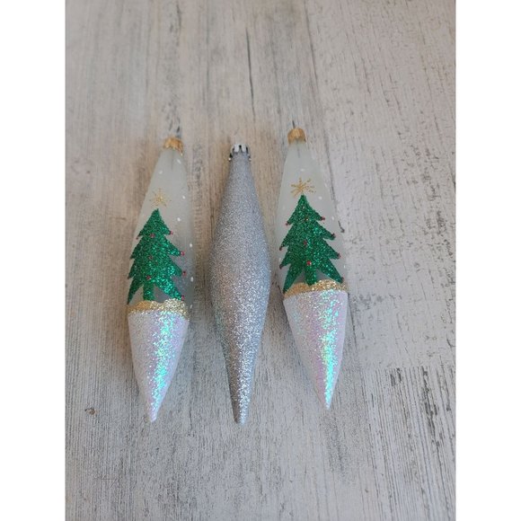 Glitter tree long glass ornament set Xmas snow - Picture 1 of 7